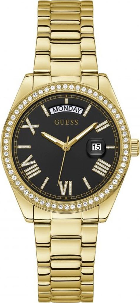 A close-up studio shot of a gold Guess watch with a black dial.