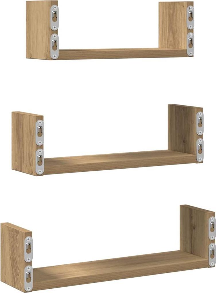 Three wooden shelves of increasing size are displayed against a white background.