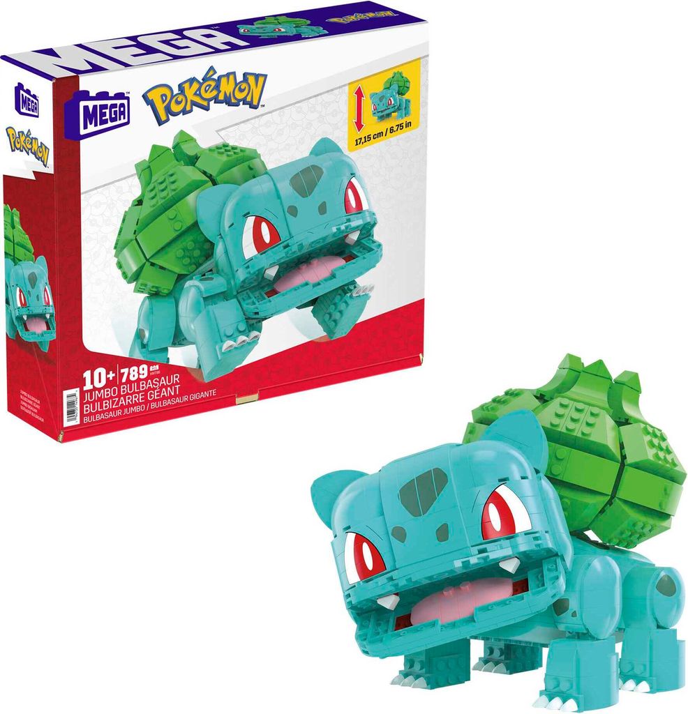 A product shot of a Mega Construx Pokemon Jumbo Bulbasaur building set box, with a separate image of the assembled toy.