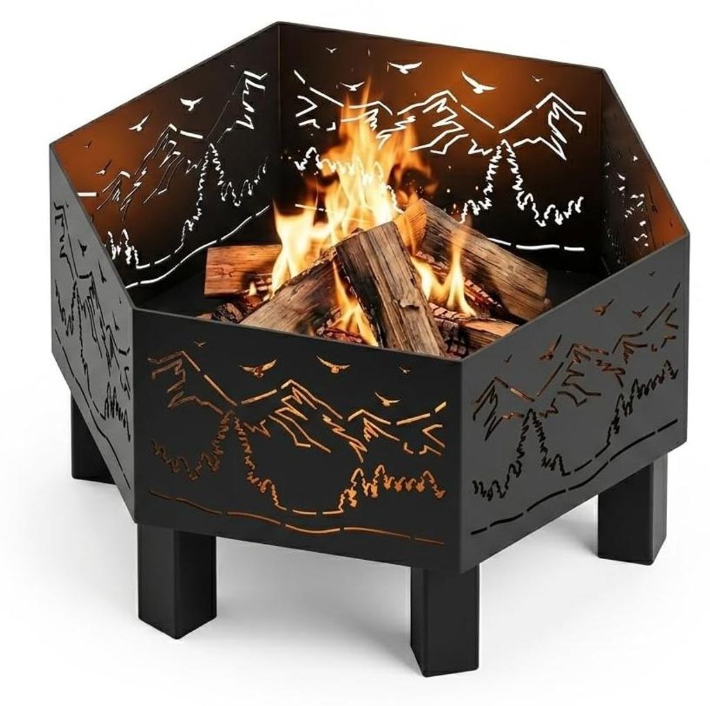 MetaloPro Hexa Ember Feuerschale sechseckig – Feuerstelle Garten 70 cm, 3 mm Stahl geschweißt, Lasercut Flammen-Motiv, schwarz pulverbeschichtet...