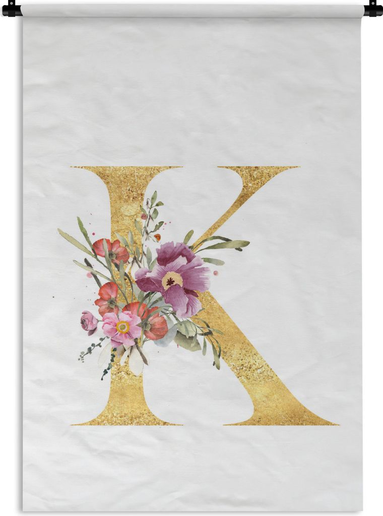 MuchoWow Wandteppich Wandbehang Blume - Buchstabe - Gold 120x180 cm Tapisserie Dekoration Wandtuch - Schlafzimmer - Dekorationen für das Haus