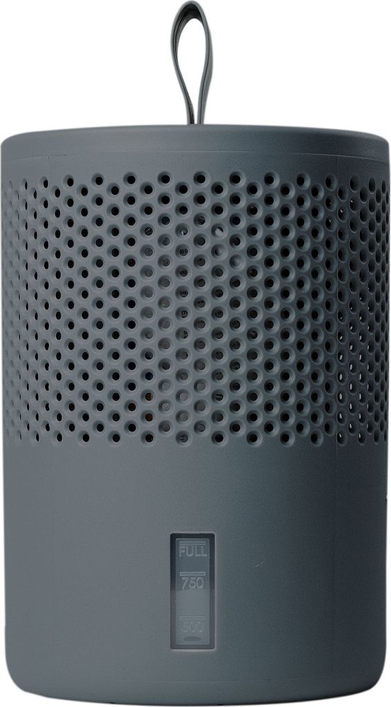 A gray dehumidifier box with a small display screen.