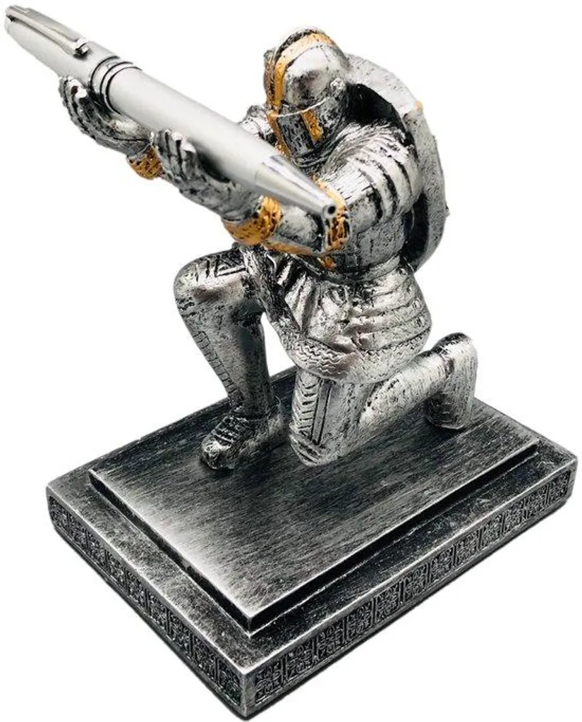 Figurine chevalier support stylo armure et bouclier finition métallique