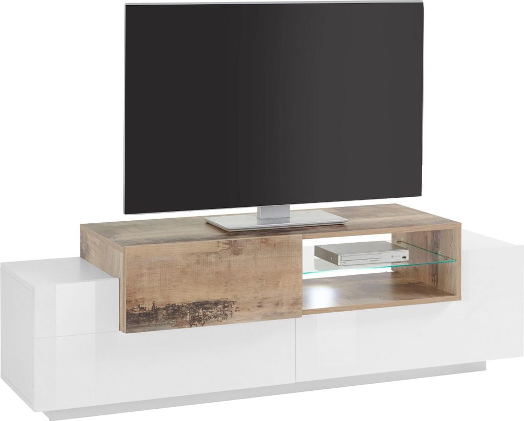 TV-Lowboard Fernsehtisch Unterschrank HiFi Element Rack Schrank "Catania I" Weiß Hochglanz / Ahorn Nachbildung
