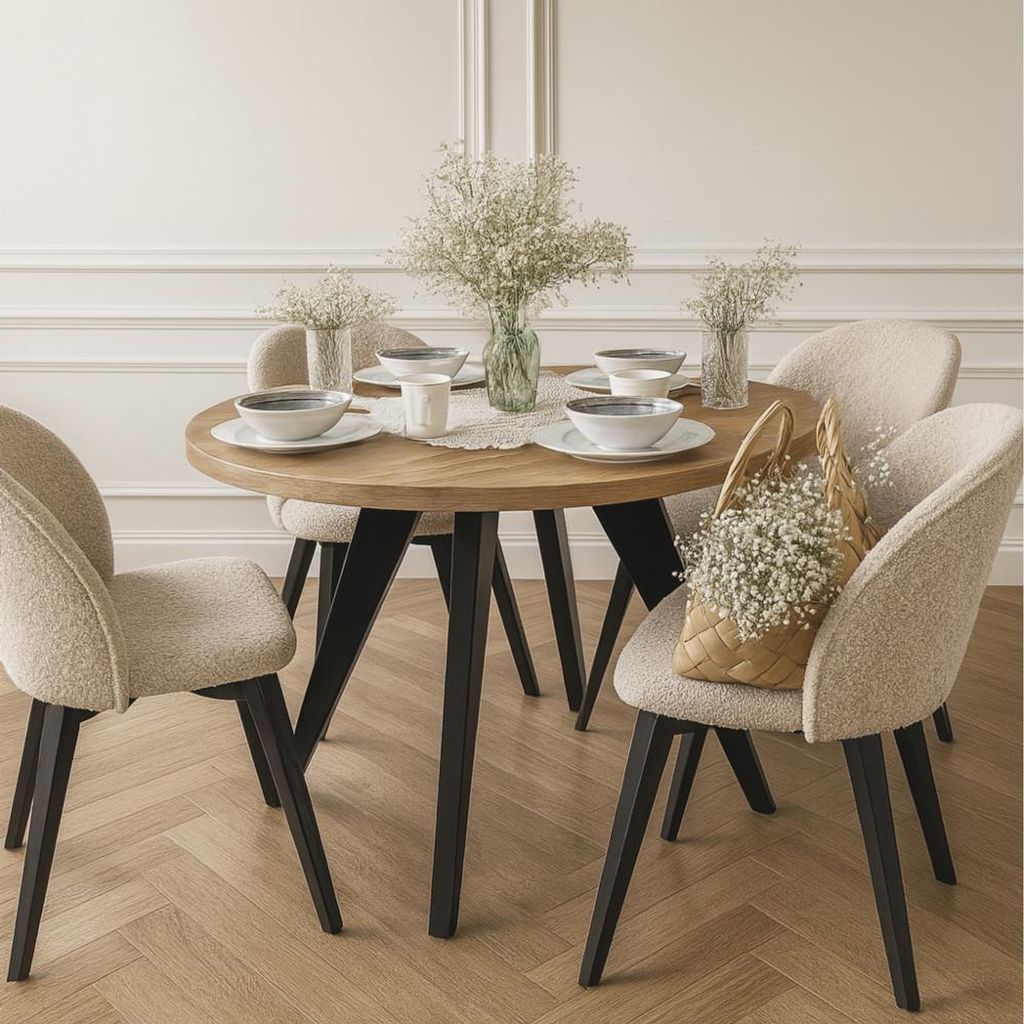 Runder Ausziehbarer Tisch für Esszimmer, LORA, Loft-Stil, Skandinavische, Durchmesser: 90 / 140 cm, Farbe: Eiche Craft Golden / Schwarz