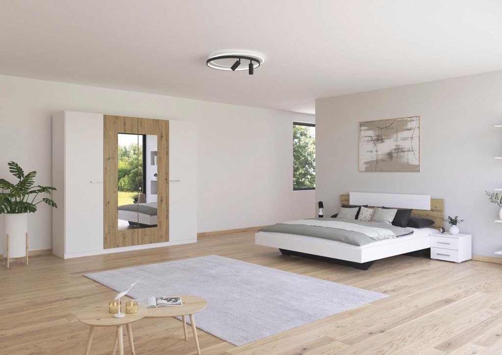 Schlafzimmer Borba in Weiß und Eiche mit Drehtürenschrank 4 teilig – mit Bettanlage 180x200cm, zwei Nachttisch und Kleiderschrank 225cm Breite