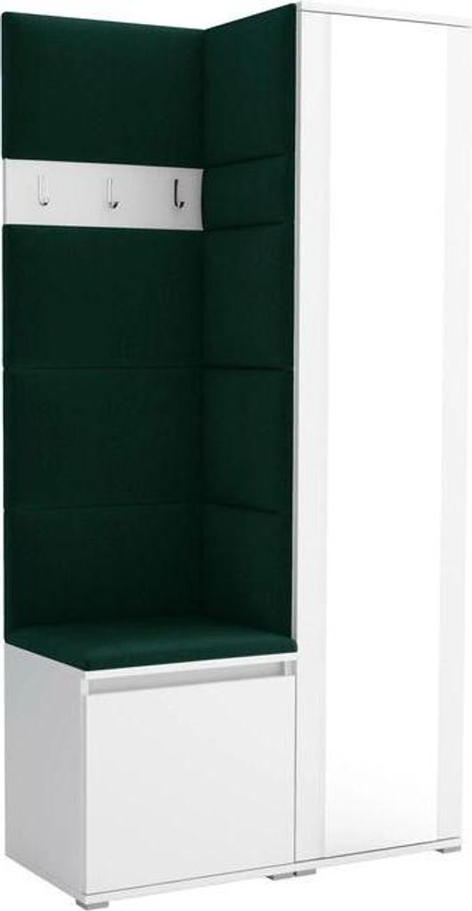 Garderoben-Set Noris VI mit Spiegel, gepolsterte Garderobe 95 cm, kompakte Flurmöbel mit Wandpaneelen, Haken und Stauraum (Farbe: Weiß + Trinity 28)