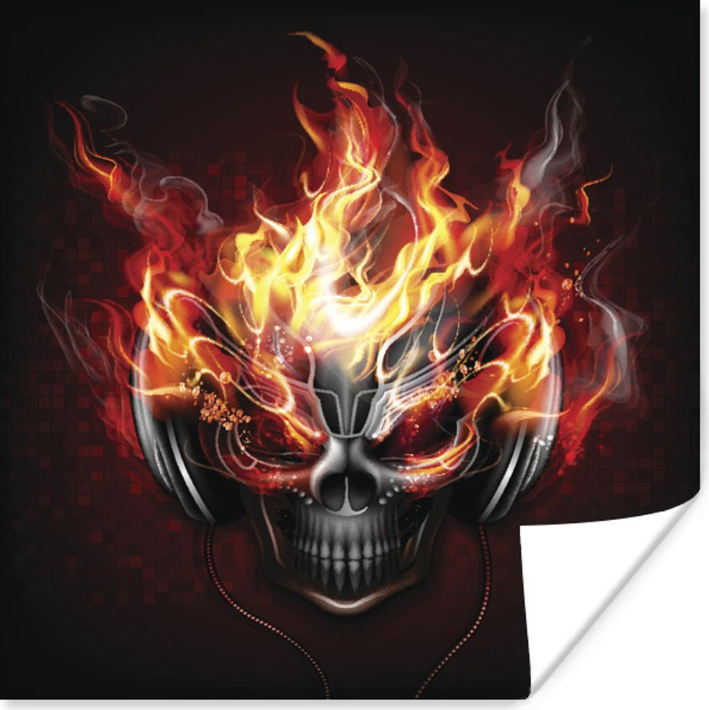 MuchoWow Poster Eine Illustration eines flammenden Schädels, der ein Headset trägt 100x100 cm - Babyzimmer