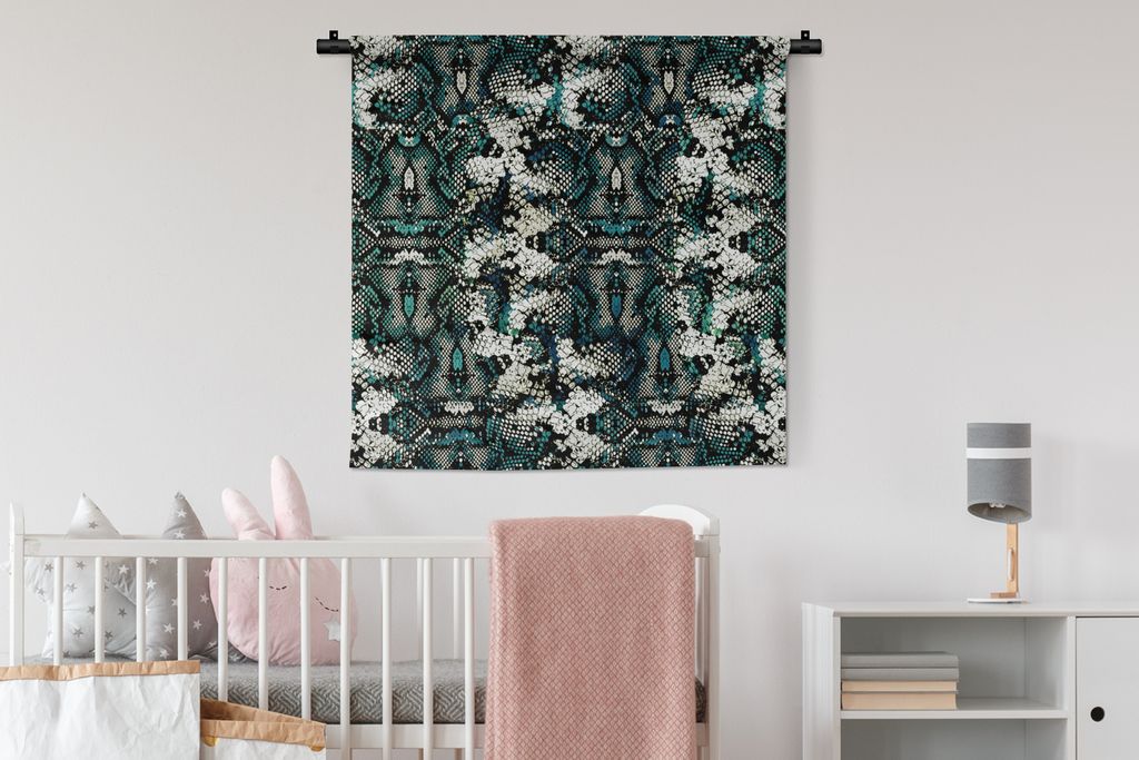 MuchoWow Wandteppich Wandbehang Tiermuster - Weiß - Türkis - Schuppen 90x90 cm Tapisserie Dekoration Wandtuch - Wandaufhänger