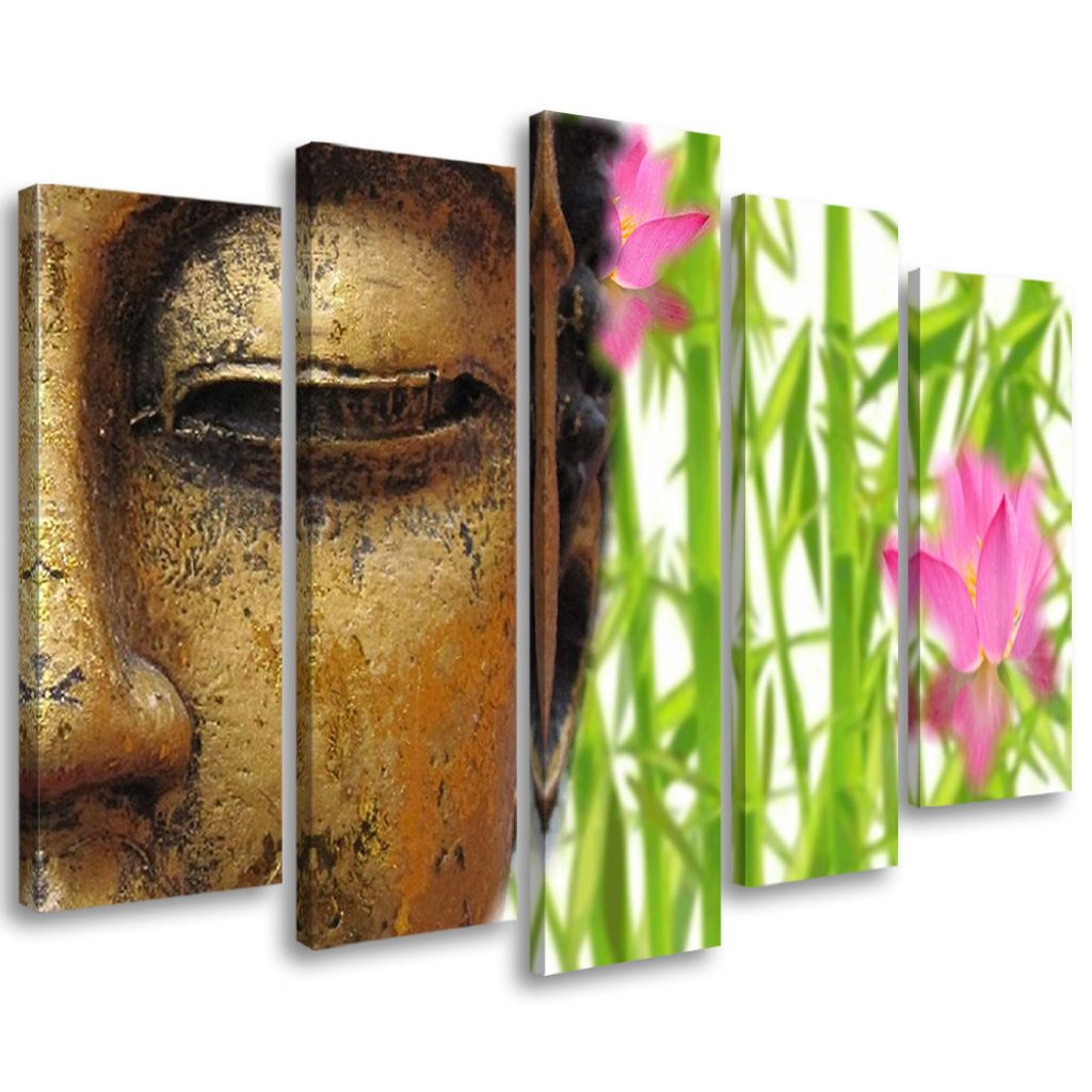 5-teiliges leinwandbild goldener buddha bambus zen spa 200x100 cm Feeby farbe wandbild bereit zum aufhängen
