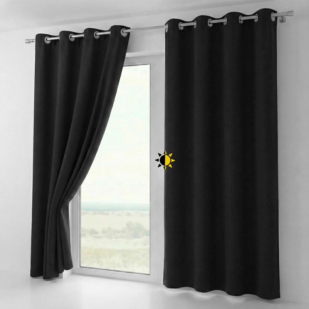 A black curtain is shown hanging on a window rod, partially covering a window.