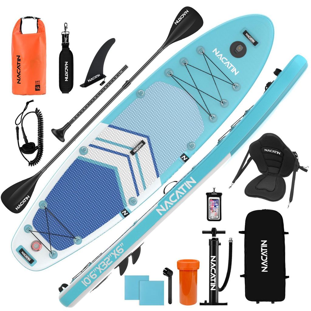 NACATIN Aufblasbares SUP Board 10'6" für Erwachsene, mit Kajaksitz, Paddel, Pumpe, Rucksack & Tasche, Himmelblau
