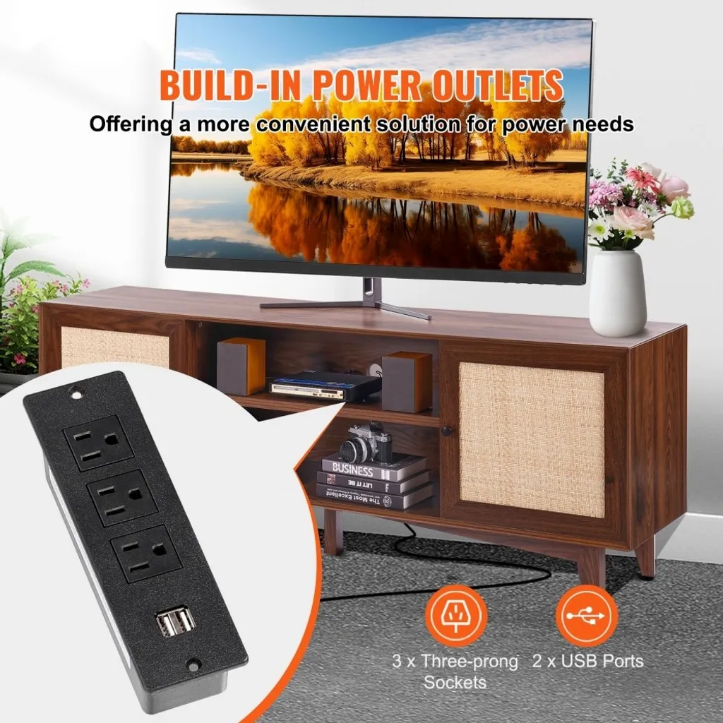 Support TV 191 cm noyer et rotin véritable - Meuble TV Boho long format - 2