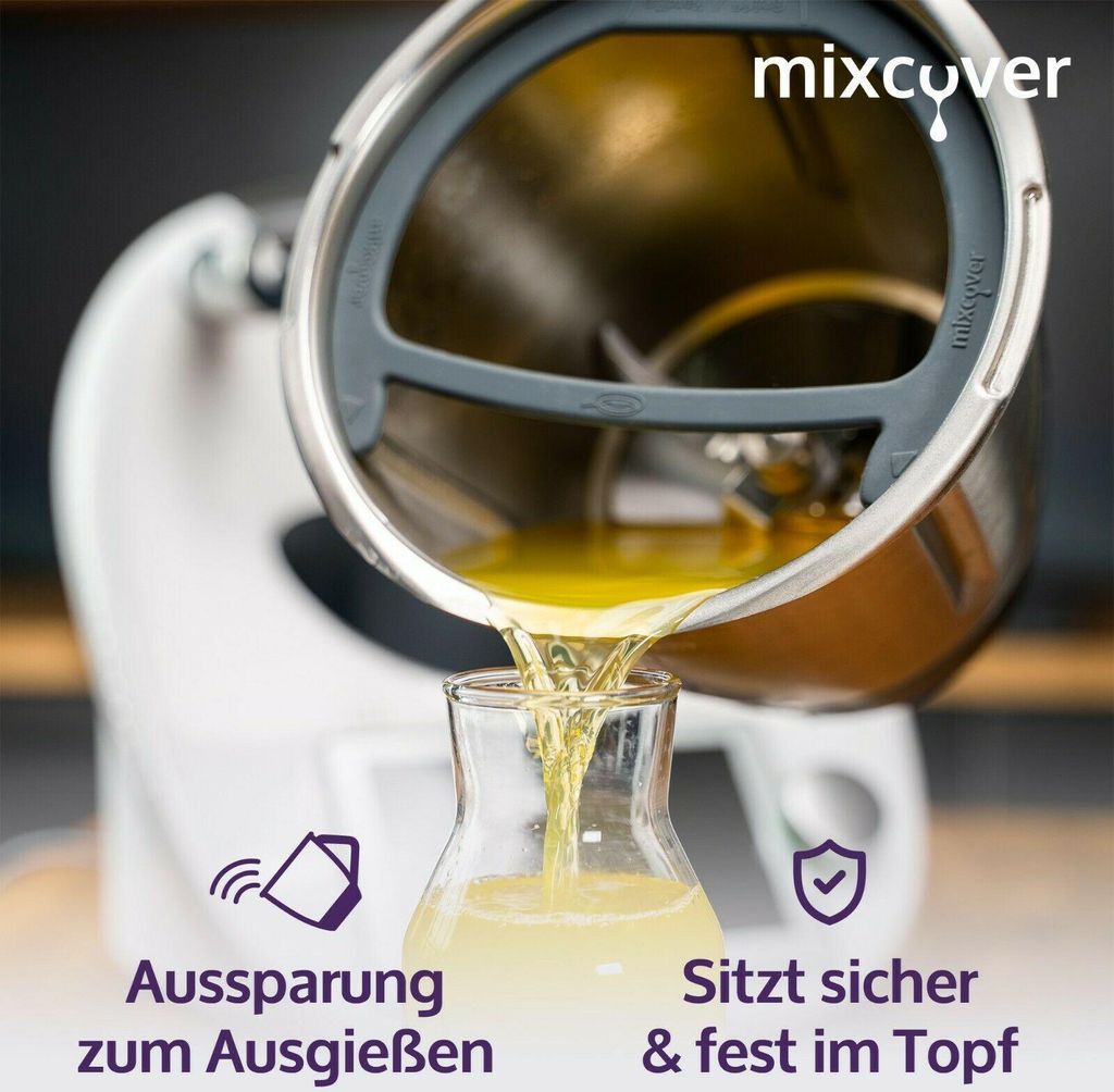 A kitchen appliance is shown pouring liquid into a glass container, with text overlays highlighting product features.