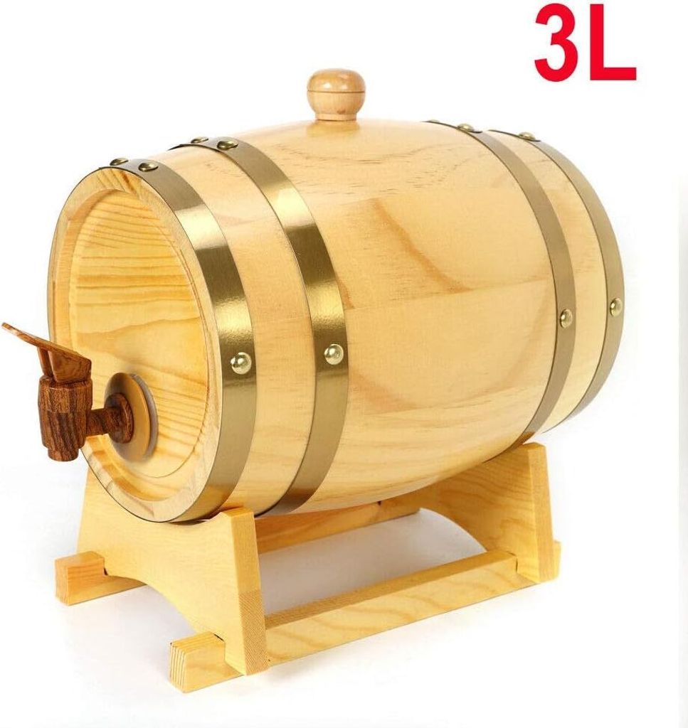 A wooden barrel with a tap and stand, with text indicating its capacity.
