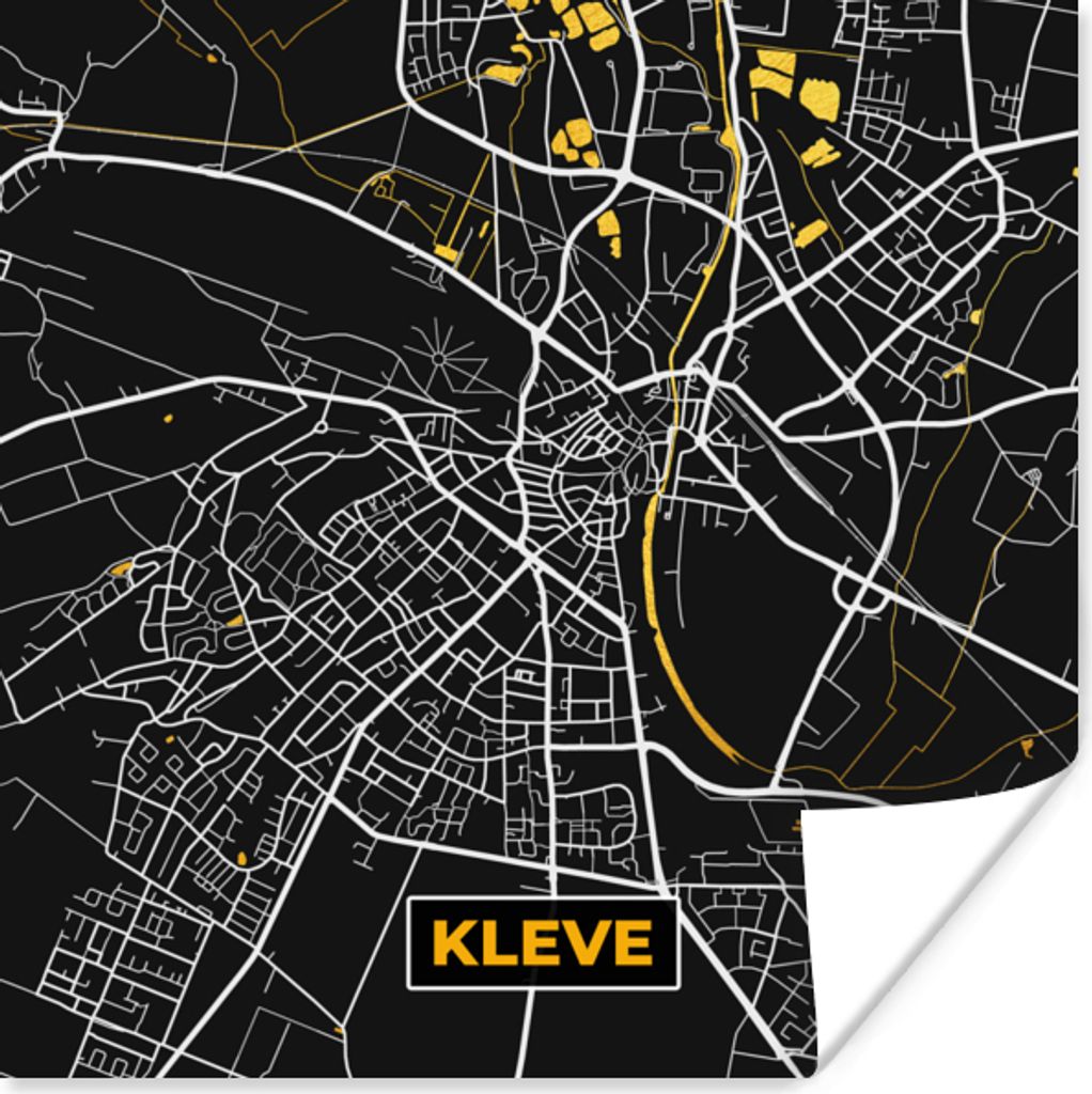 MuchoWow Poster Schwarz und Gold - Stadtplan - Kleve - Deutschland - Karte 50x50 cm - Wohnzimmerdekoration