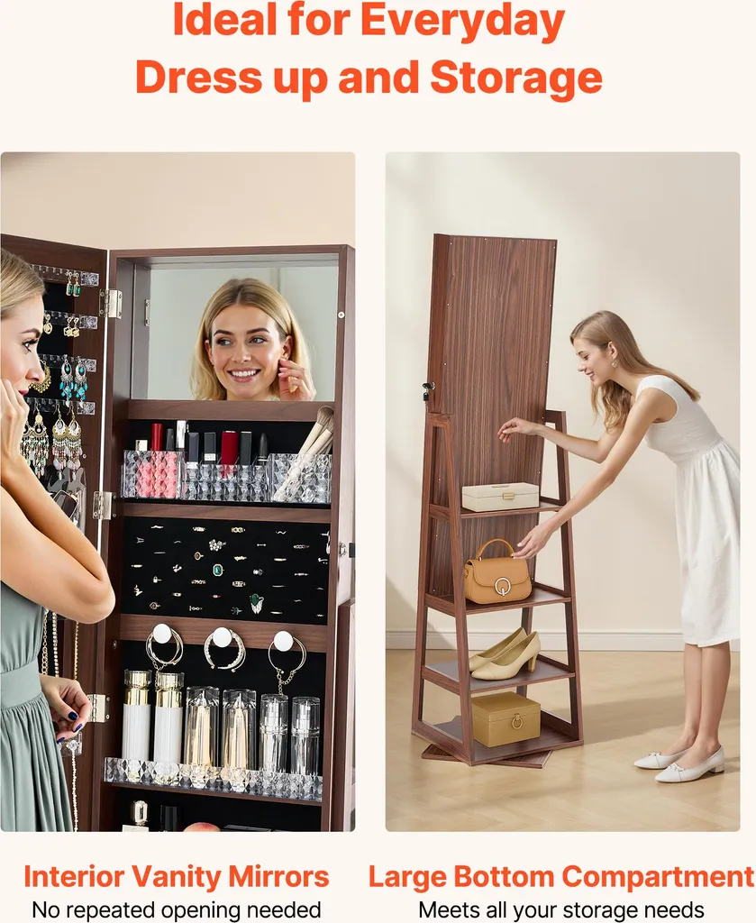 VEVOR Armadio portagioie girevole a 360° (altezza 155 mm) con specchio a figura intera e spazio per riporre i gioielli, organizer per gioielli con 2 chiavi, tasche per accessori e scomparti per riporre i gioielli - 6