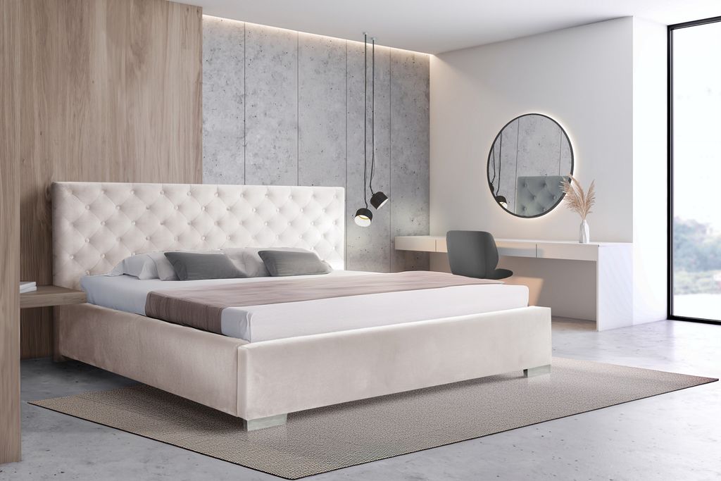 Polsterbett 200 x 200 cm mit Bettkasten und Matratzen, Bonellmatratzen H3, Kopfteil mit dekorativen Knöpfen, Hellbeige Molisa
