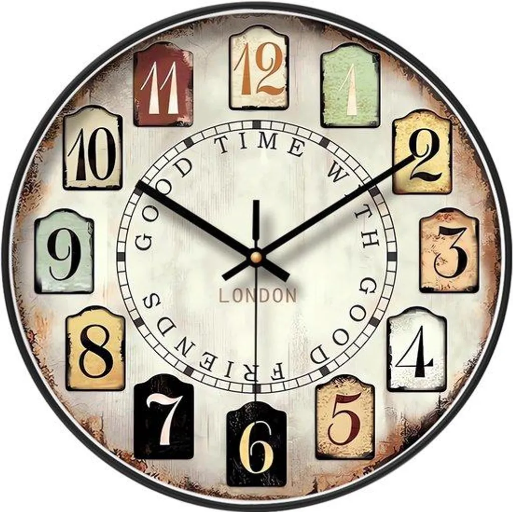 Horloge murale 35 cm en bois véritable, grands chiffres et style rétro