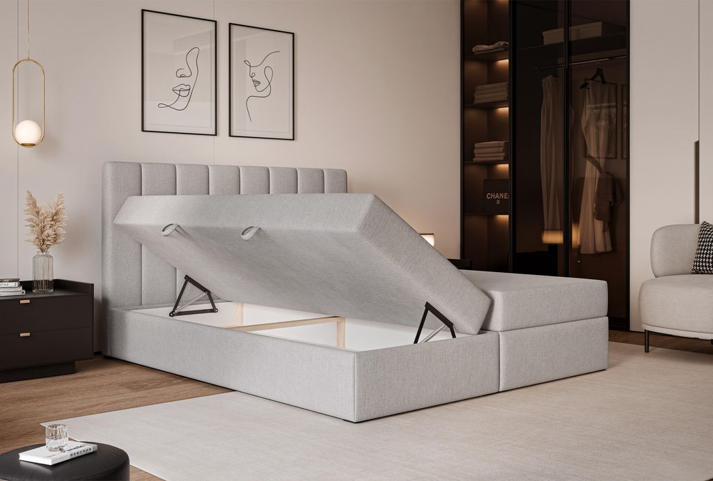LEO Polsterbett 160x200 cm, Doppelbett/Jugendbett, Klassisches Bett, Stauraumbett mit Bettkasten und Topper, in Farbe Grau Herbi 40