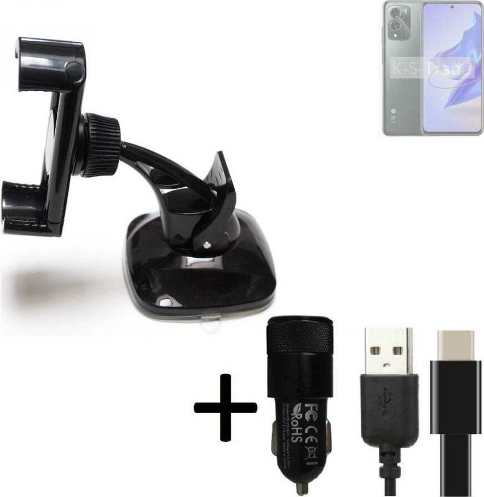 K-S-Trade Handy-Halterung kompatibel mit ZTE Voyage 70 Windschutzscheibe / Armaturenbrett + LADEGERÄT mit Mico USB Kabel Autohalterung