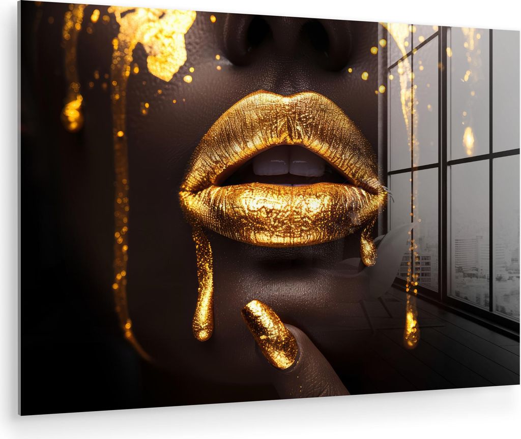MuchoWow Glasbilder - Bilder auf Wandbild - Foto auf Glas Goldene Lippen - Gesicht - Frau - Modern 60x40 cm Wanddekoration aus Glas - Acrylglasbild...