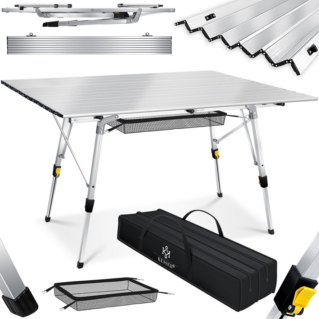 A camping table and its accessories are displayed against a white background.