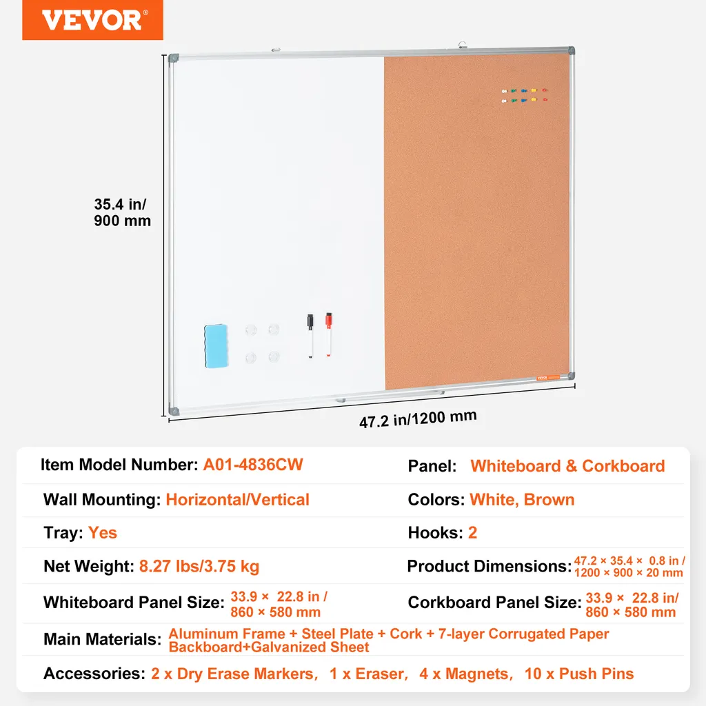 Tableau blanc et liège combiné VEVOR 120x90cm avec cadre en aluminium