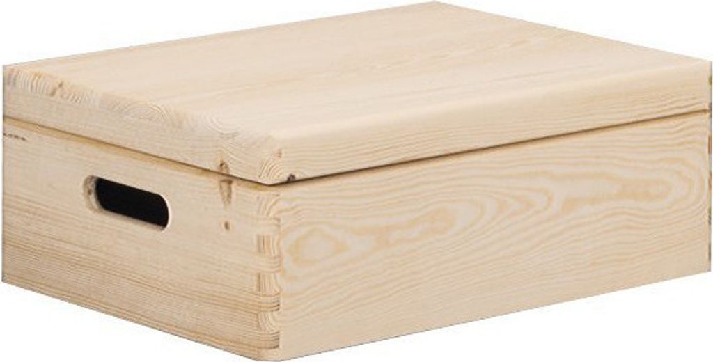 A wooden storage box with a lid and handles.