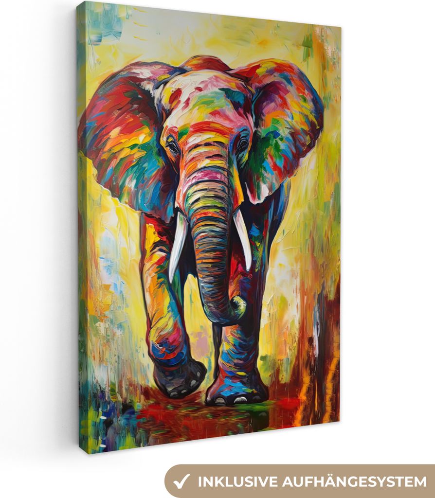 MuchoWow - Leinwandbilder - Elefant - Kunst - Malerei - Tiere - Regenbogen, Wandbild, Wanddeko Bilder Wohnzimmer, 60x90 cm
