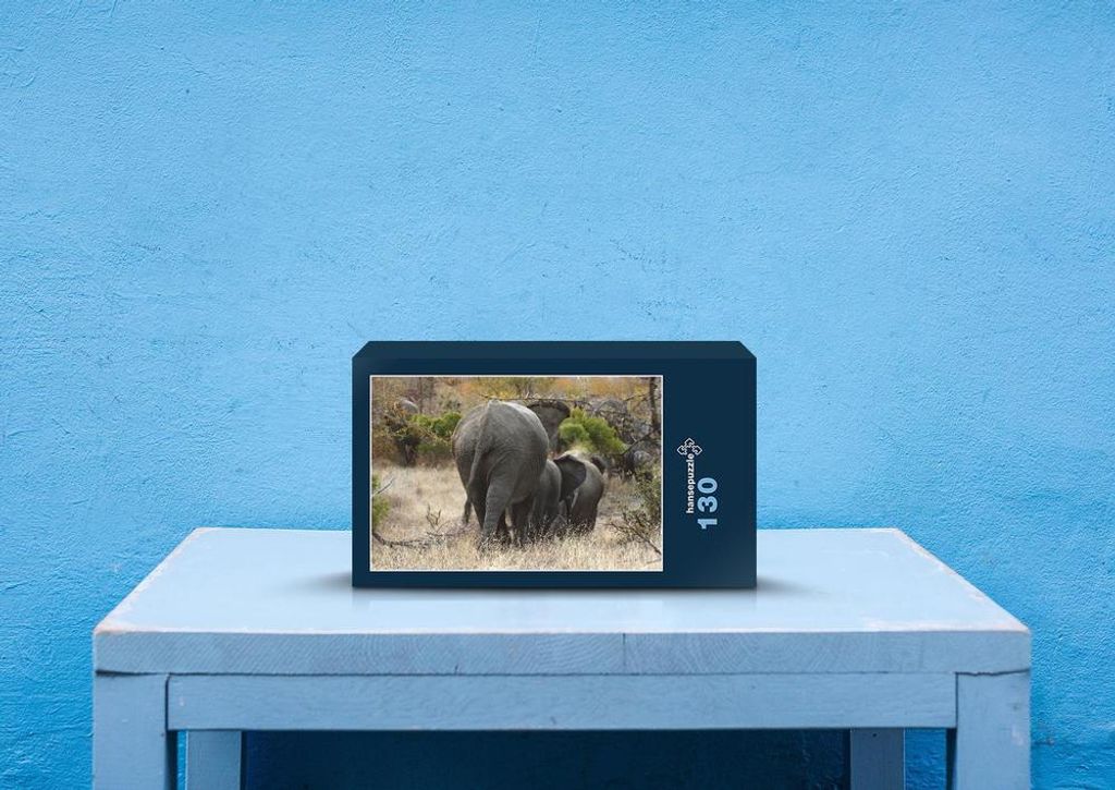 hansepuzzle 83334 - Elefanten Puzzle, 130 Teile, Natur, 28,7 x 20,0cm mit hochwertiger Aufbewahrung, Kartonbox und wiederverschließbarem Beutel