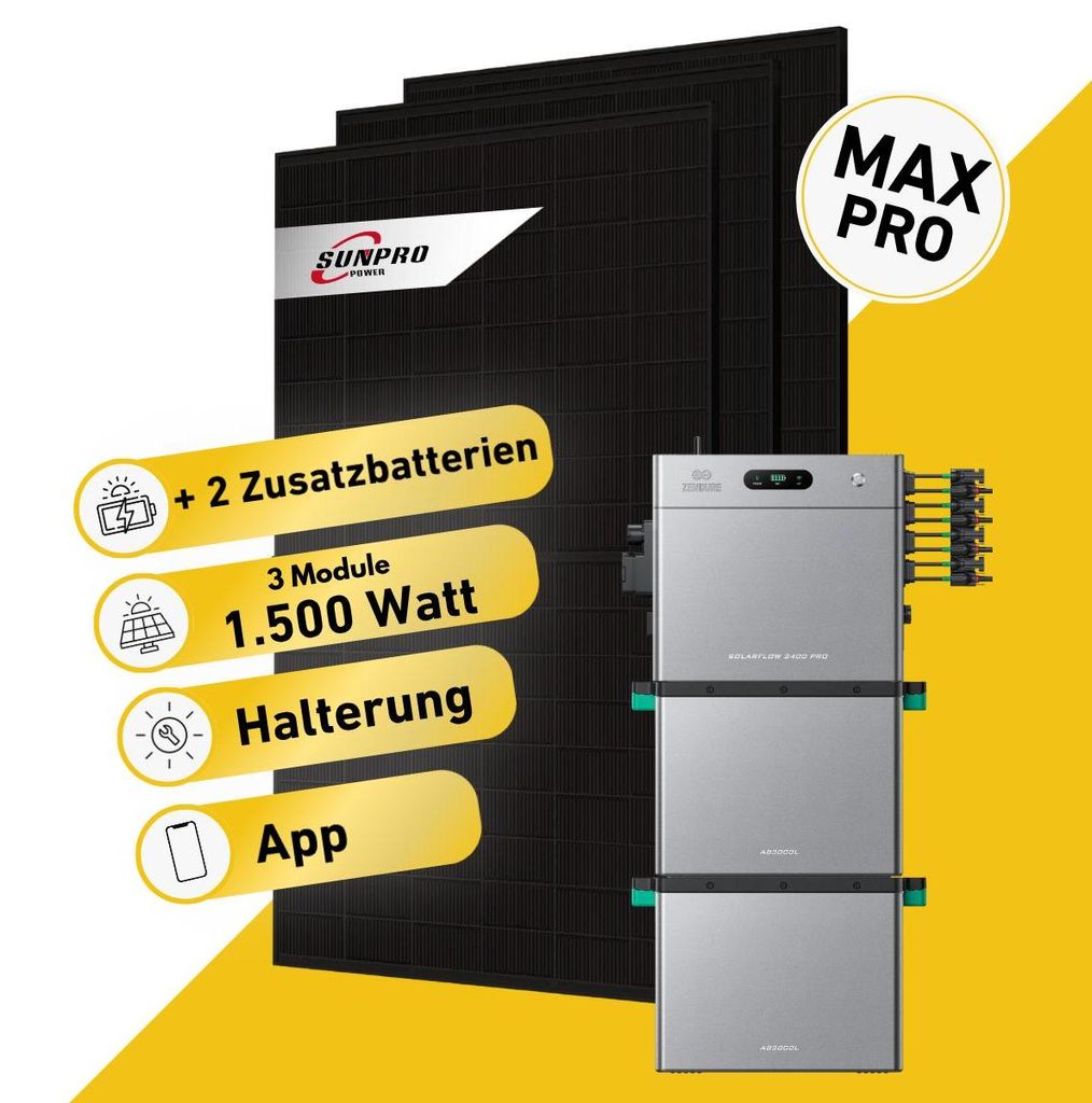 1500 Watt, Bifazial Komplettset, Balkonkraftwerk, Zendure Solarflow 2400 Pro, 2 x AB3000L Zusatzbatterien, Halterung Fassade 50-70 Grad