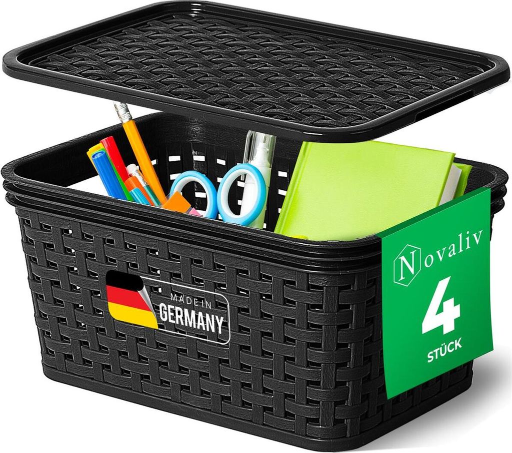 Novaliv 4er Set Elegante Aufbewahrungskörbe mit Deckel in Rattan-Optik | Schwarz Lebensmittelecht Kunststoff 2L – für Büro und Zuhause. Vielse...