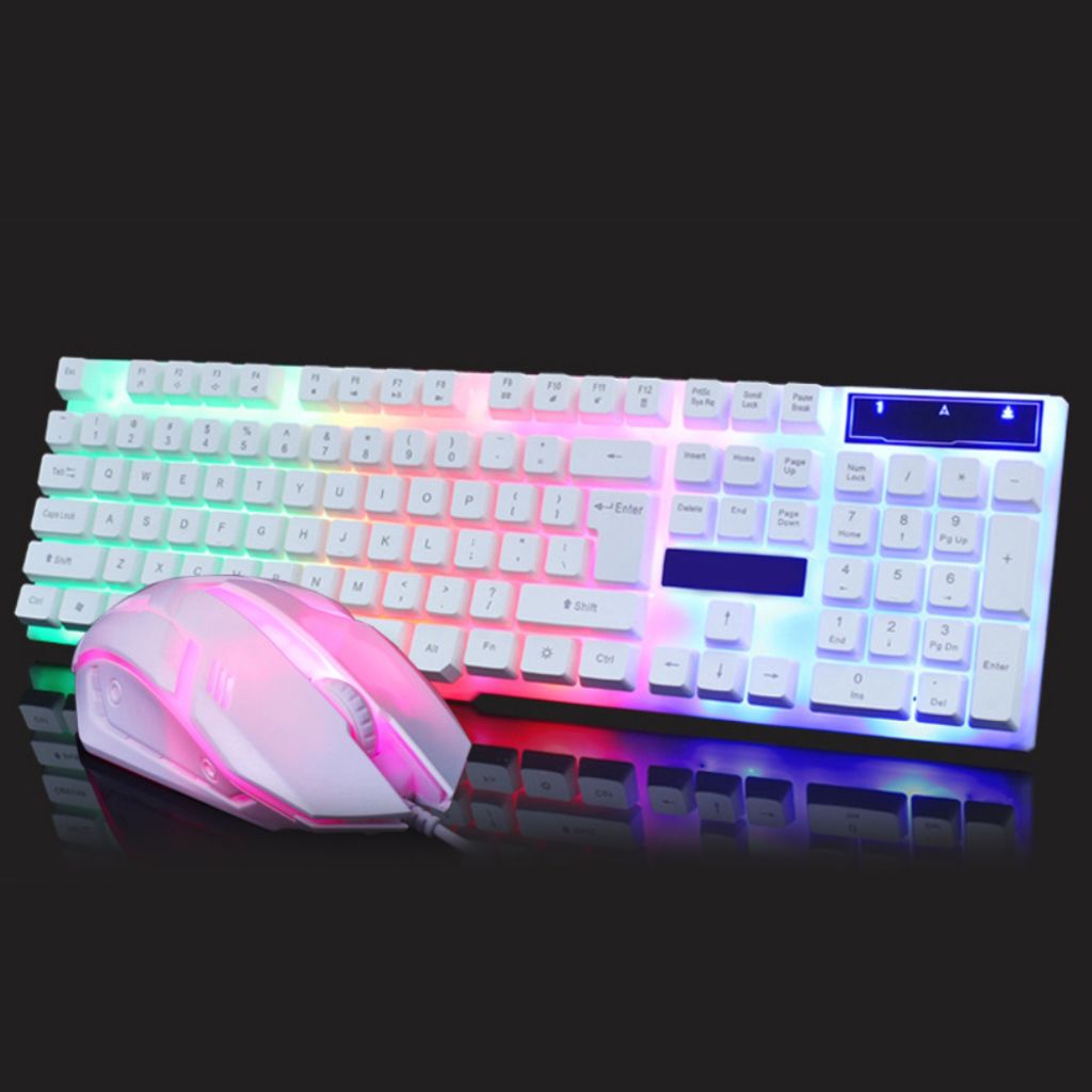 A white gaming keyboard and mouse with LED backlighting on a black background.