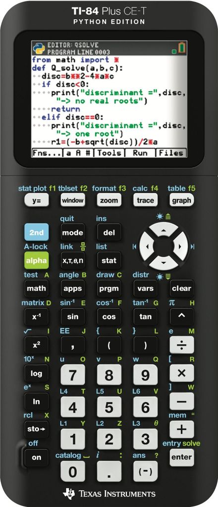 A Texas Instruments TI-84 Plus CE-T calculator displaying Python code.