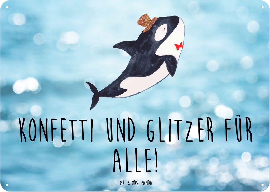 Mr. & Mrs. Panda Wandbild Orca Zylinder DIN A3 - Oceanblue - Geschenk, Glitzer, tafel, Geburtstag, Fest, Meer, Schild, Türschild, Metallbild, Fete...