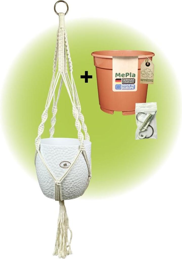 MePla - Set - Ampel Makramee Naturbeige - Boston ø19 Weiss + Kulturtopf ø18 + Beipack-Set 21550-001