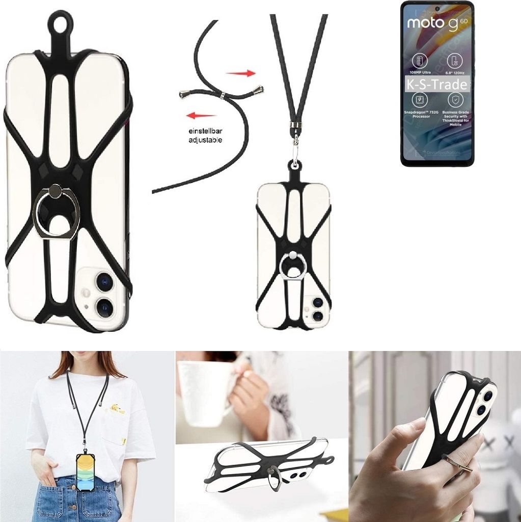 K-S-Trade 3in1 Handykette Handyband Handykordel Halsband Smartphone-Ring Handy-Ring kompatibel mit Motorola Moto G60 Fingerhalterung Handyring