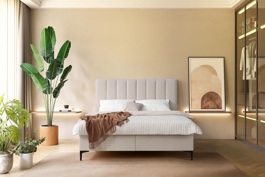 KSHOMECONCEPT Boxspringbetten SERANO mit Bonell Matratze H3 und Topper, Zwei Bettkasten 200x200 cm, Beige
