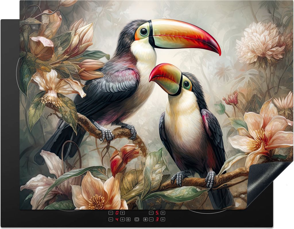 KitchenYeah Herdabdeckplatte Tukan - Vögel - Blumen - Dschungel , 77x59cm, Küche Deko, Glaskeramikkochfeld Herdabdeckung, Abdeckplatte fùr Koc...