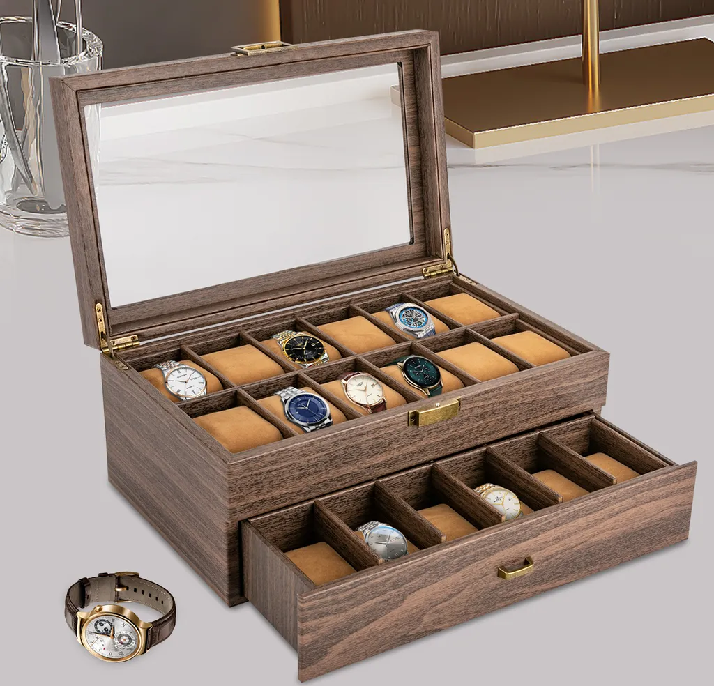 Boîte de rangement pour 24 montres en simili cuir noir avec vitrine