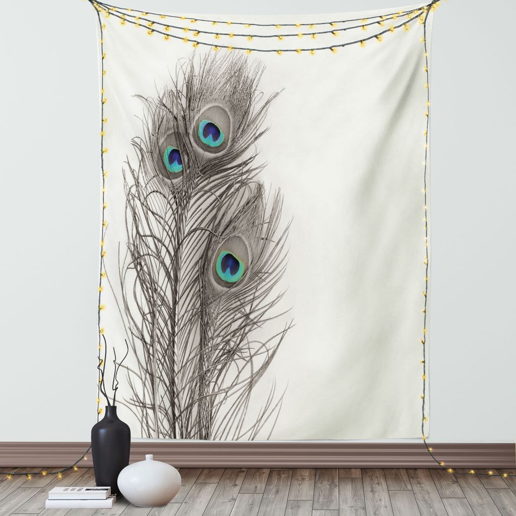 ABAKUHAUS Pfau Wandteppich, Federn des exotischen Vogels auf weißer Hintergrund böhmischer Tier Muster, Wohnzimmer Schlafzimmer Seidiger Satin Wa...