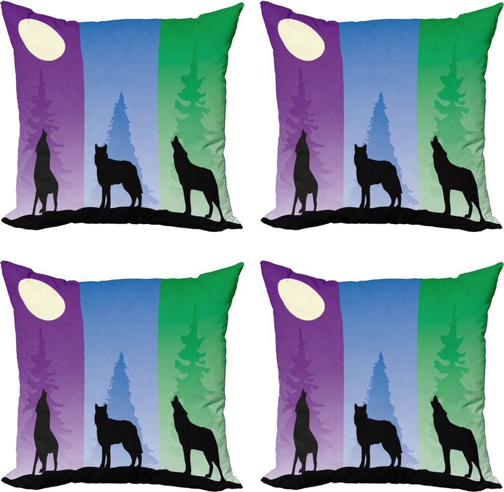 ABAKUHAUS Silhouette Kissenbezug Set (4 Stück), Wolf in der Nacht Howling, Moderner Doppelseitiger Digitaldruck, 60 cm x 60 cm, Mehrfarbig