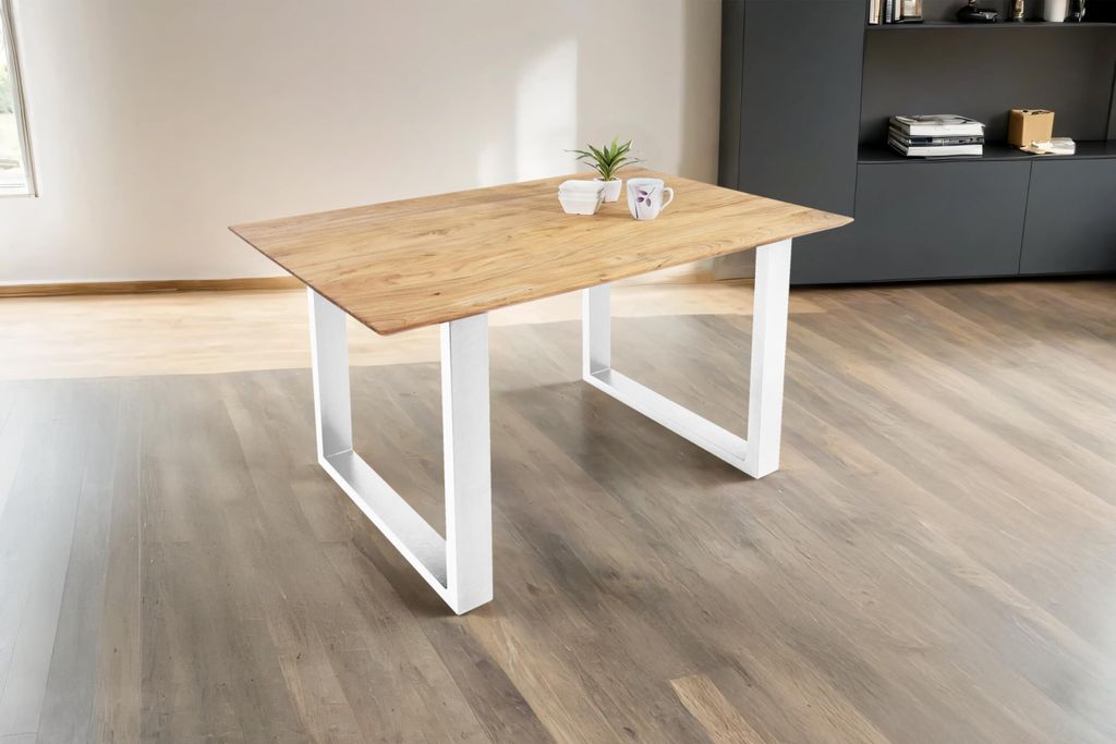 Esstisch 120 x 80 cm Dean, Massivholztisch Eiche, Schweizer Kante, Esszimmertisch mit U-Gestell aus Metall Weiß, pflegeleichter Holztisch