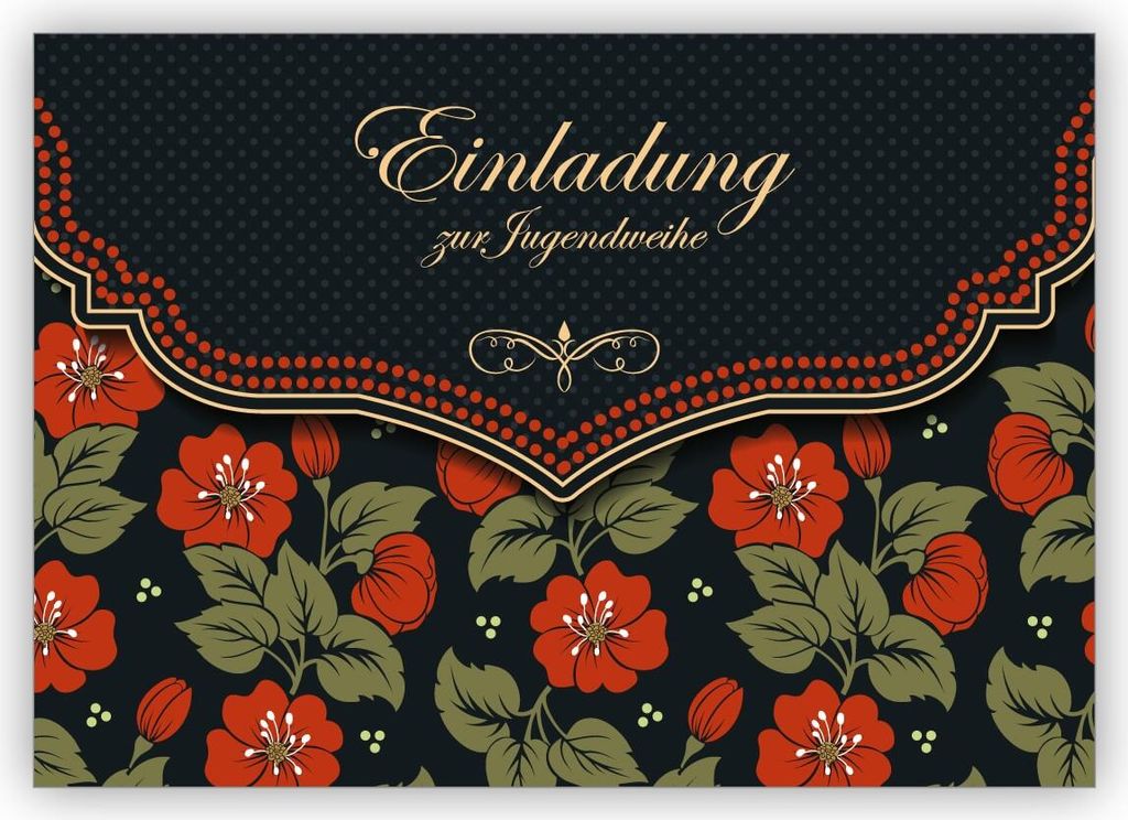 4x Schicke Einladungskarte mit schönem Blumen Muster in orange schwarz für Mädchen: Einladung zur Jugendweihe