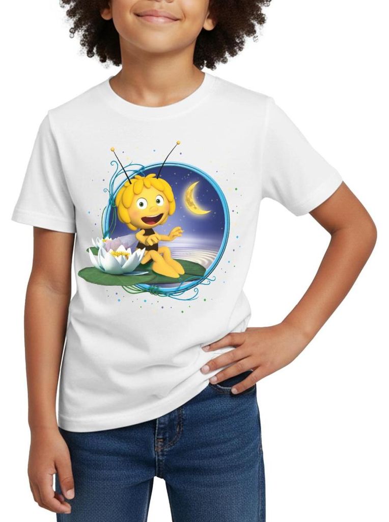 Spreadshirt Biene Maja Mondschein Kinder T-Shirt, 98/104 (3-4 Jahre), Weiß