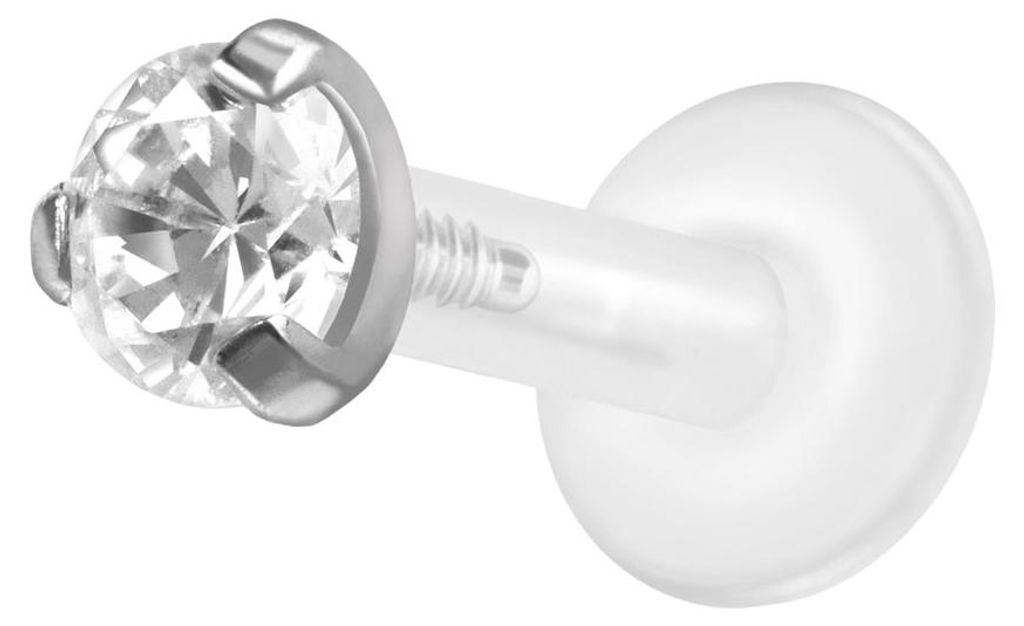 Ohrpiercing, Nasenpiercing PTFE Labret mit Innengewinde + Titan-Aufsatz EINGEFASSTER KRISTALL Silber Stablänge: 6mm | Stabstärke: 1,6mm | Kristal...