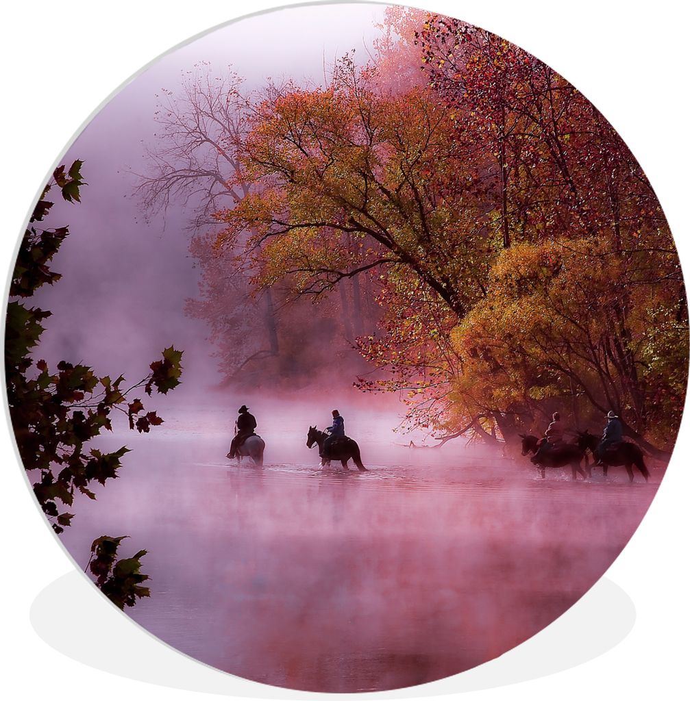 MuchoWow Rundes Wandbild - Runde Bilder Pferde - Nebel - Wald Ø 90 cm Kreis Wanddekoration Kunststoff - Wandkreis - Wandschmuck - Wand-Kreis - W...