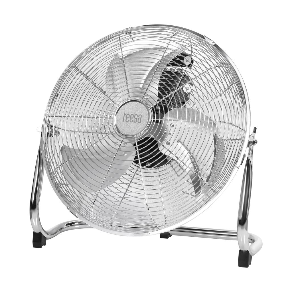 A silver floor fan on a white background.