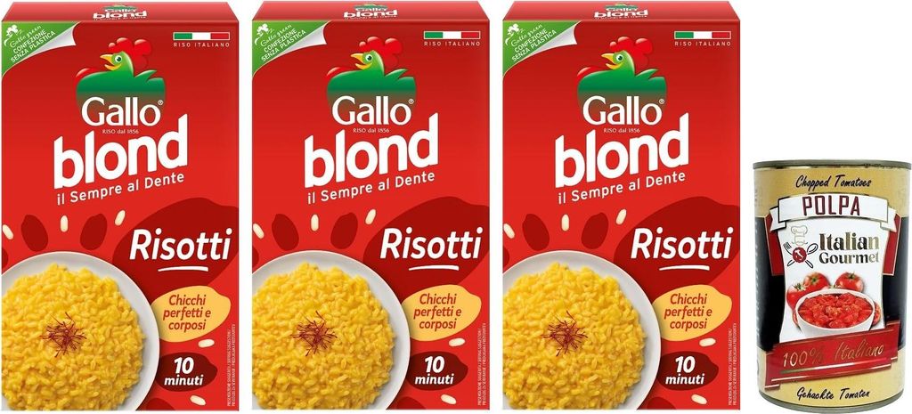 3x Gallo Riso Blond Risotti,100% Italienischer Reis, Ideal für Risottos,Kochzeit 10 Minuten,Packung mit 1Kg + Italian Gourmet Polpa di Pomodoro 40...